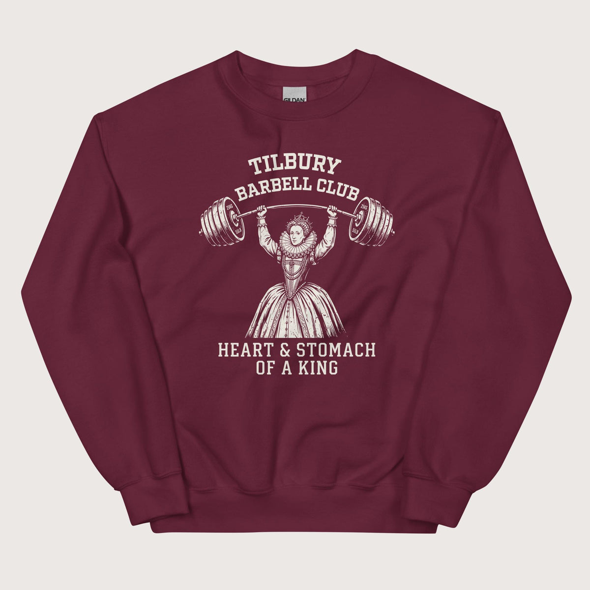 Maroon Elizabeth I Tilbury Barbell Club Sweatshirt - history buff gift by HistoHead