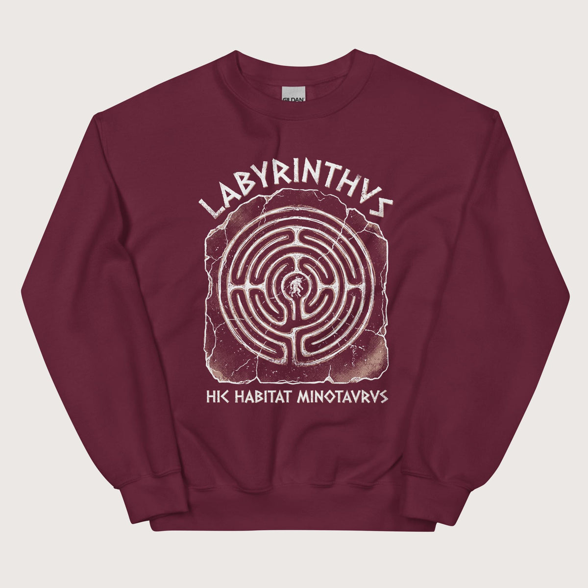 Maroon Labyrinthus Here Lives Minotaur Sweatshirt - history buff gift by HistoHead