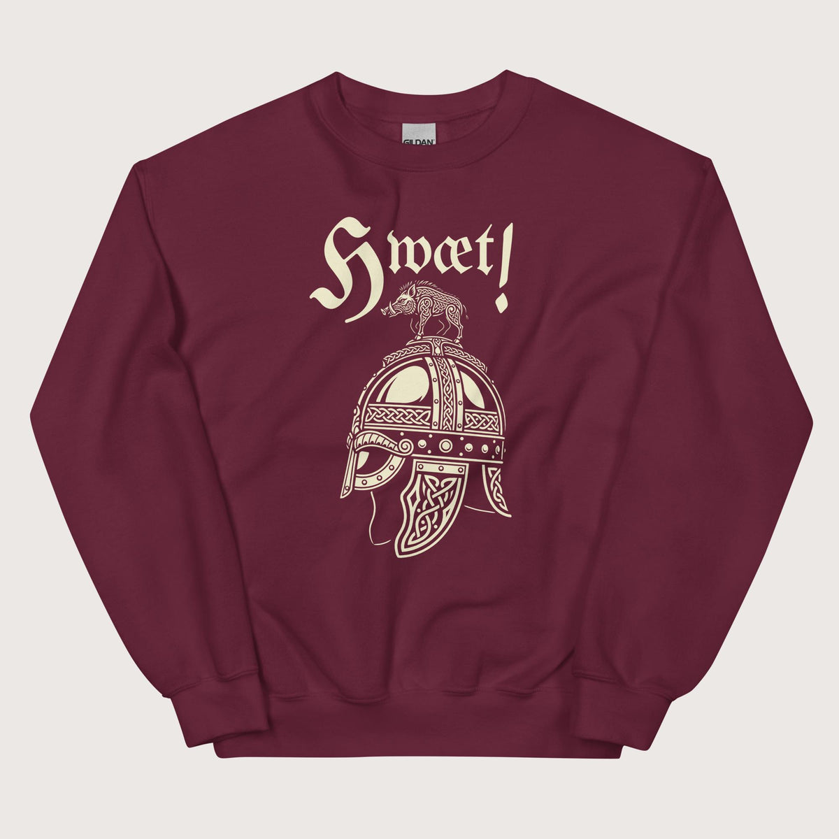 Maroon Hwæt Boar-Crested Helmet Sweatshirt - history buff gift by HistoHead