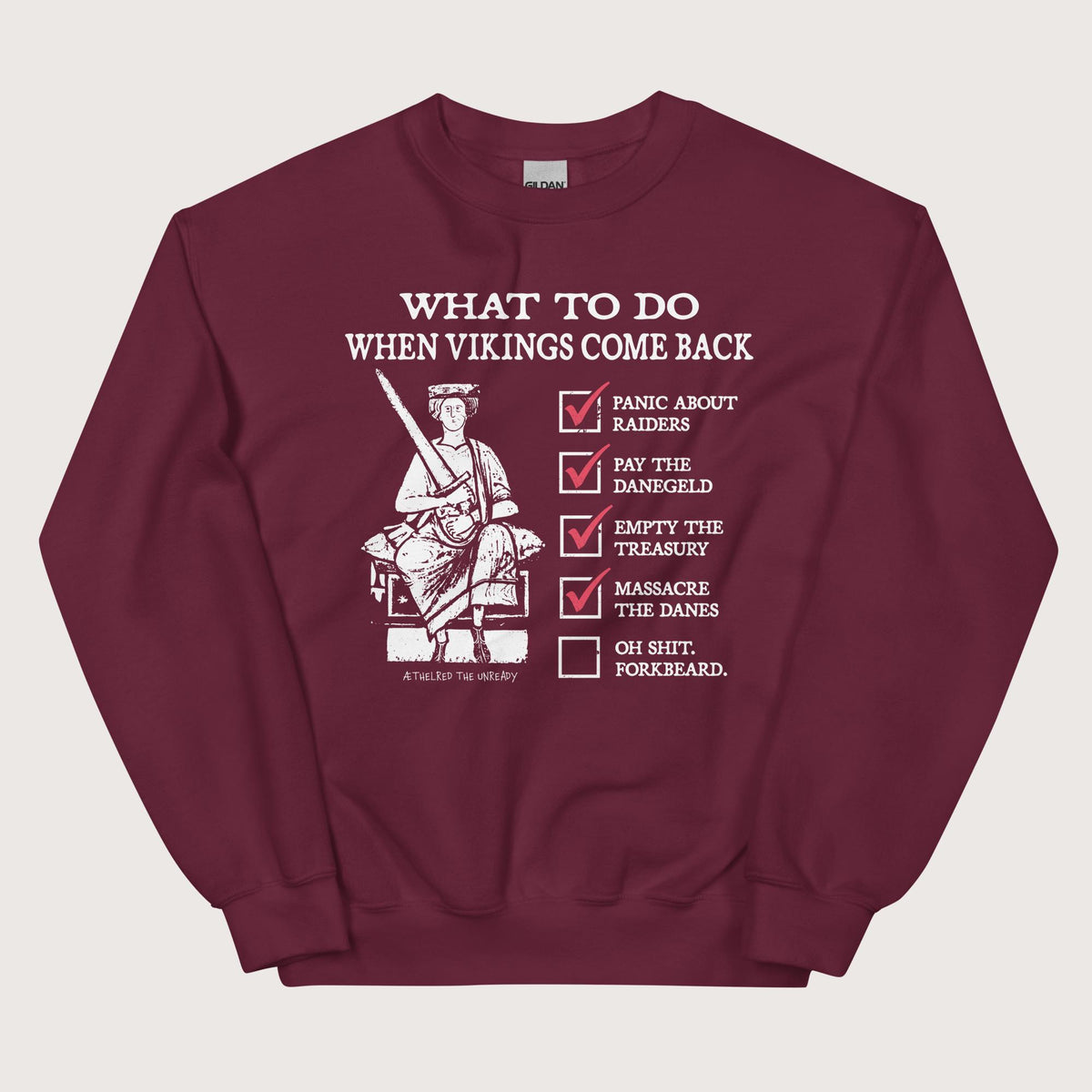 Maroon Æthelred the Unready Viking Raid Survival Guide Sweatshirt - history buff gift by HistoHead