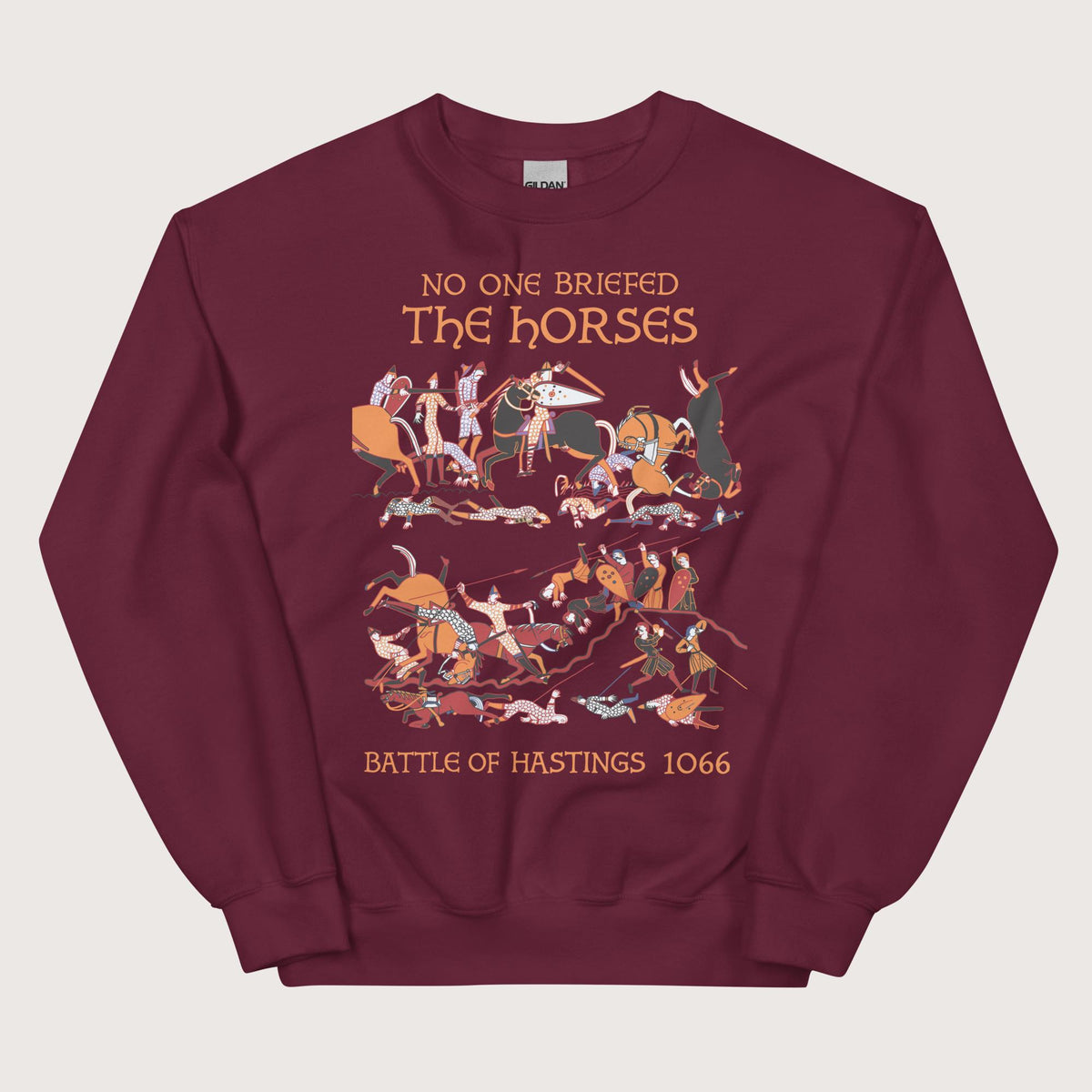 Maroon Bayeux Tapestry No One Briefed the Horses Sweatshirt - history buff gift by HistoHead