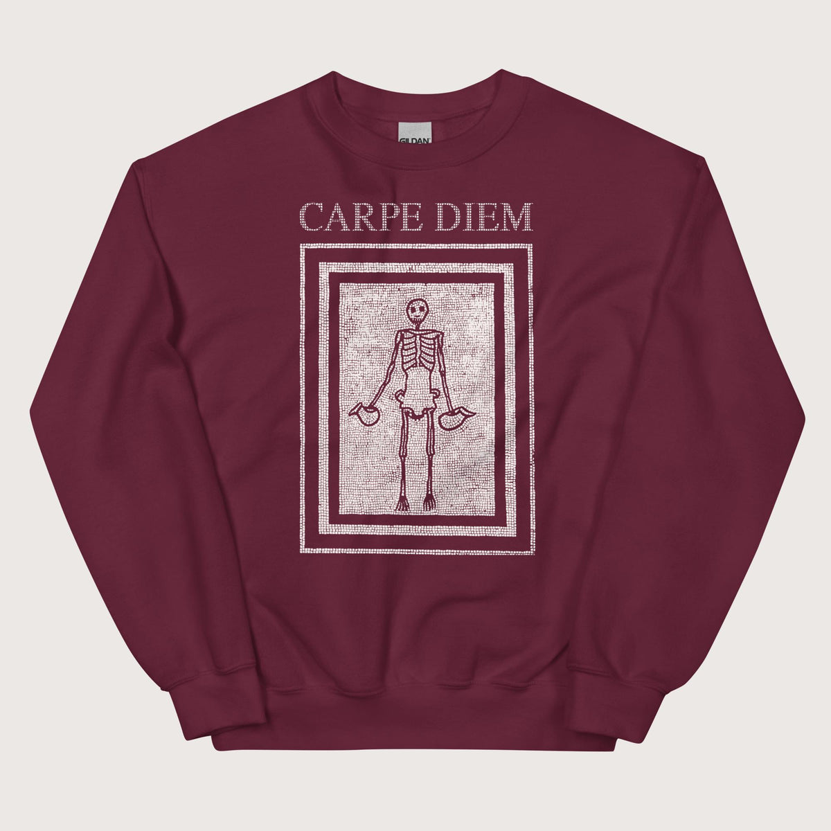 Maroon Carpe Diem Skeleton Sweatshirt - history buff gift by HistoHead