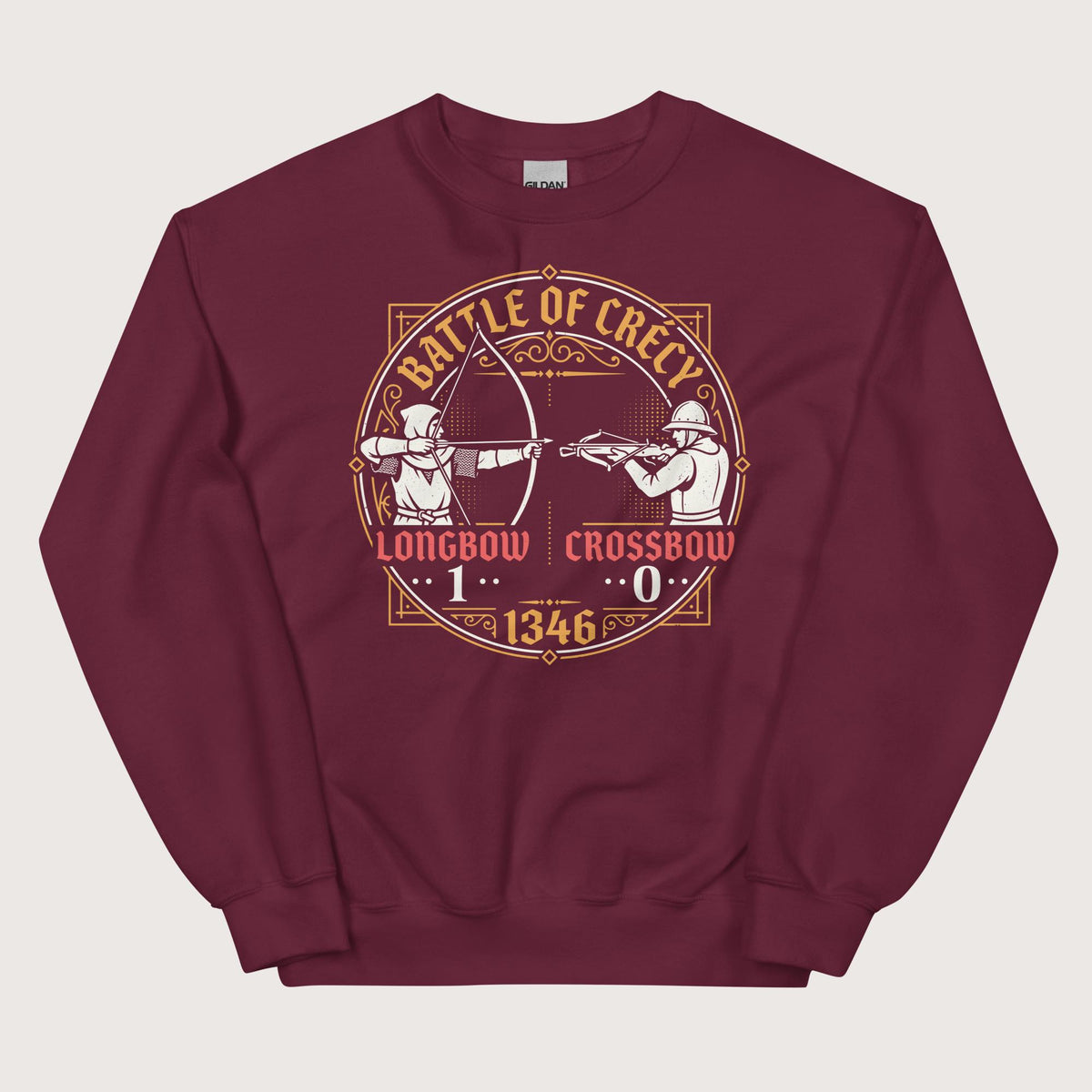Maroon Battle of Crécy Longbow vs Crossbow Sweatshirt - history buff gift by HistoHead
