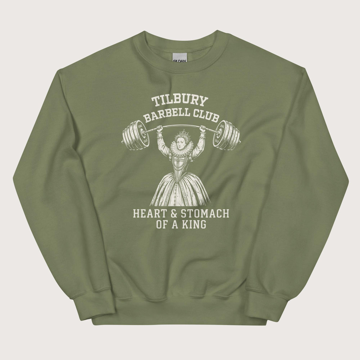 Military Green Elizabeth I Tilbury Barbell Club Sweatshirt - history buff gift by HistoHead