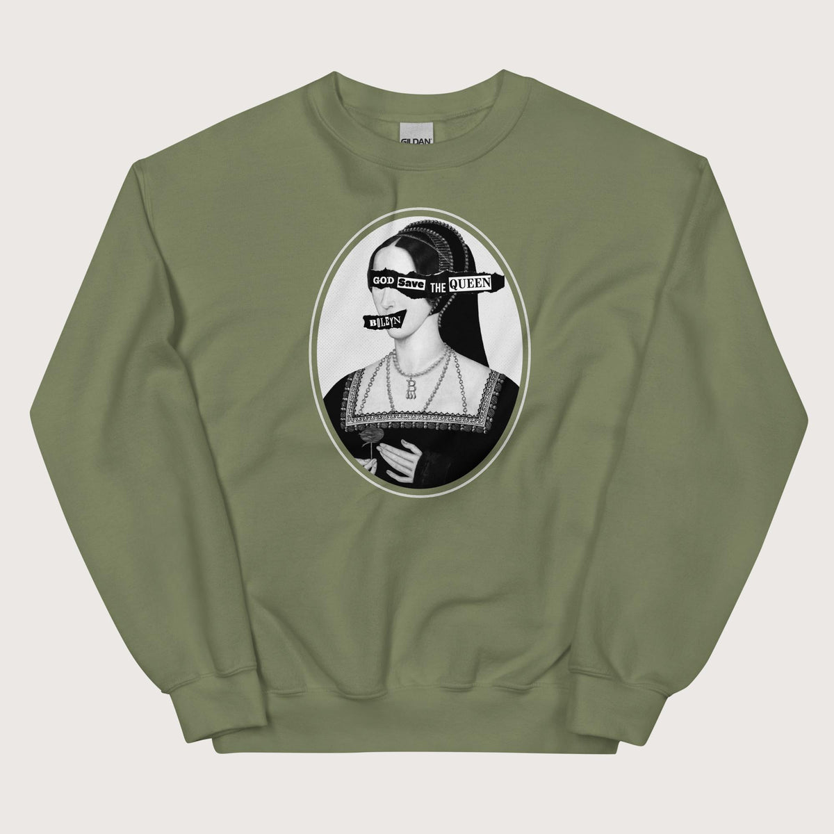 Military Green God Save the Queen Anne Boleyn Sweatshirt - history buff gift by HistoHead