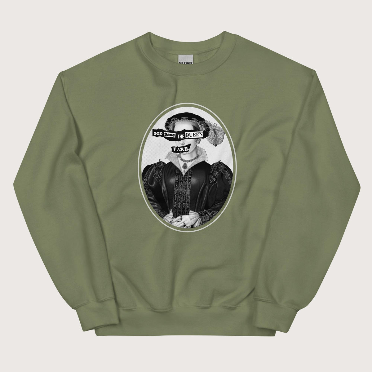 Military Green God Save the Queen Catherine Parr Sweatshirt - history buff gift by HistoHead