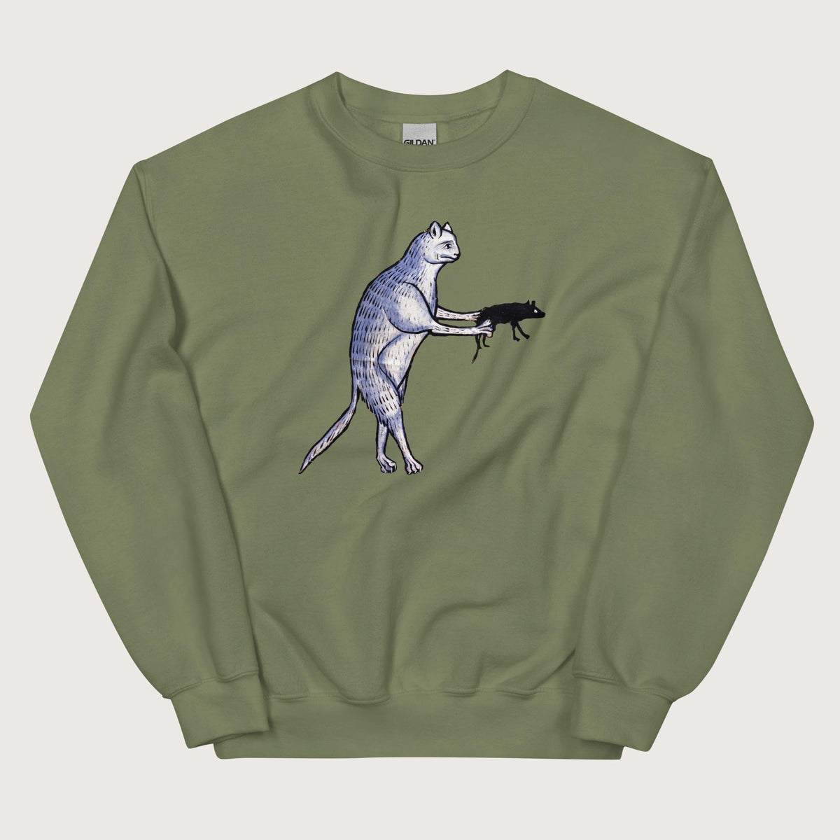 Military Green Weird Medieval Cat's Mouse-Gun Sweatshirt - history buff gift by HistoHead