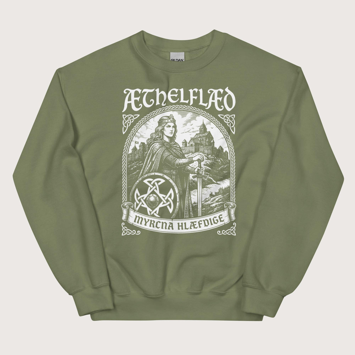 Military Green Aethelflaed Lady of the Mercians Old English Sweatshirt - history buff gift by HistoHead