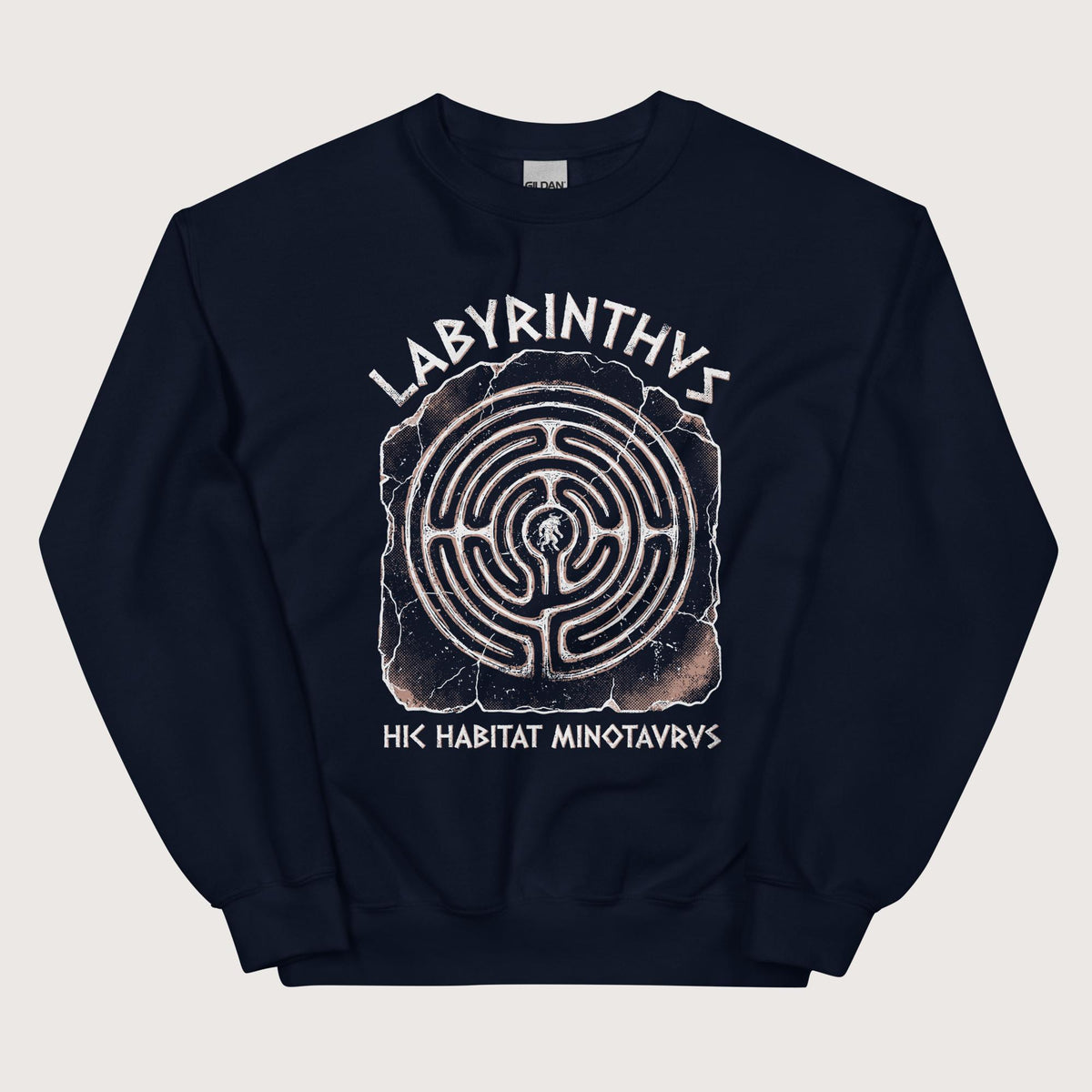 Navy Labyrinthus Here Lives Minotaur Sweatshirt - history buff gift by HistoHead