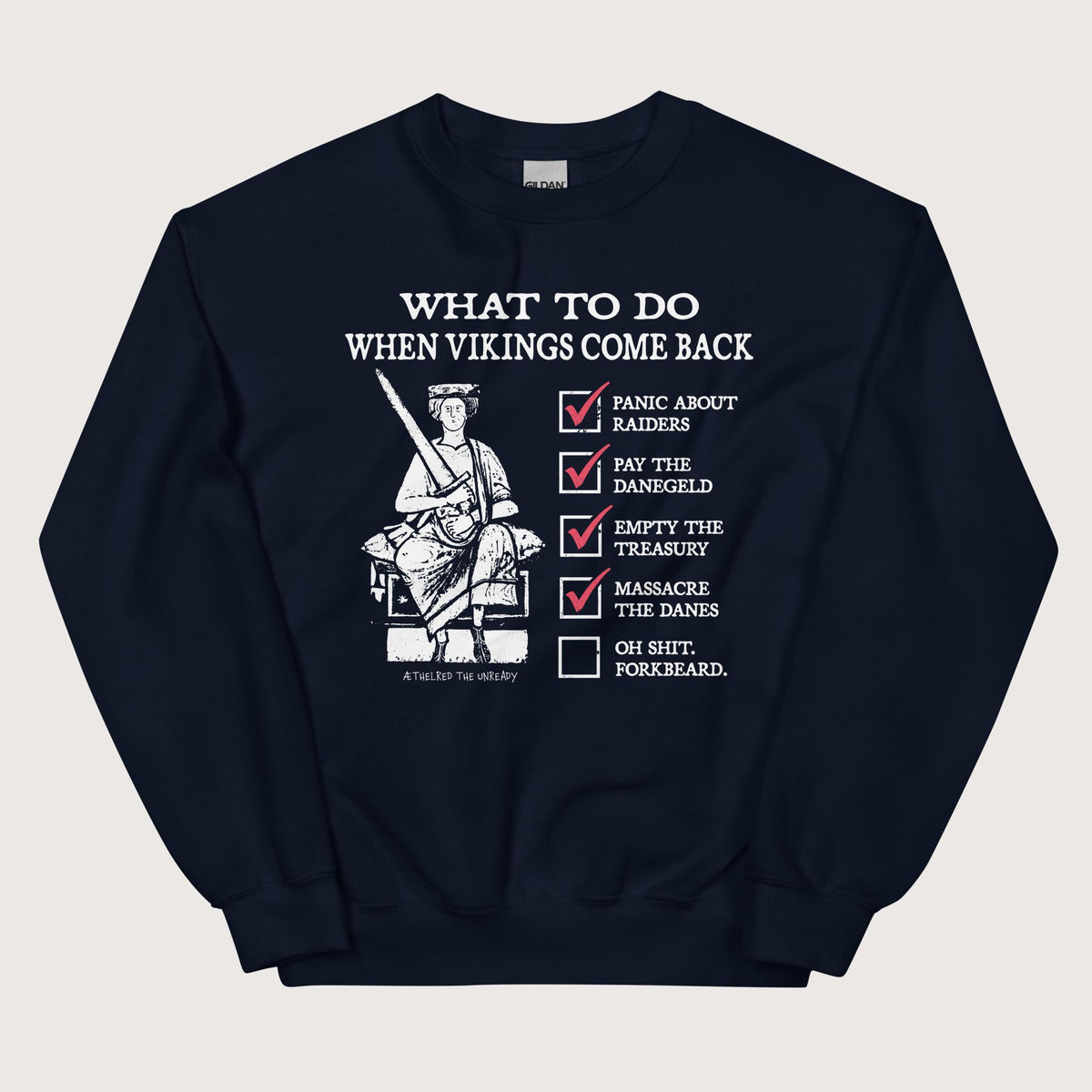 Navy Æthelred the Unready Viking Raid Survival Guide Sweatshirt - history buff gift by HistoHead