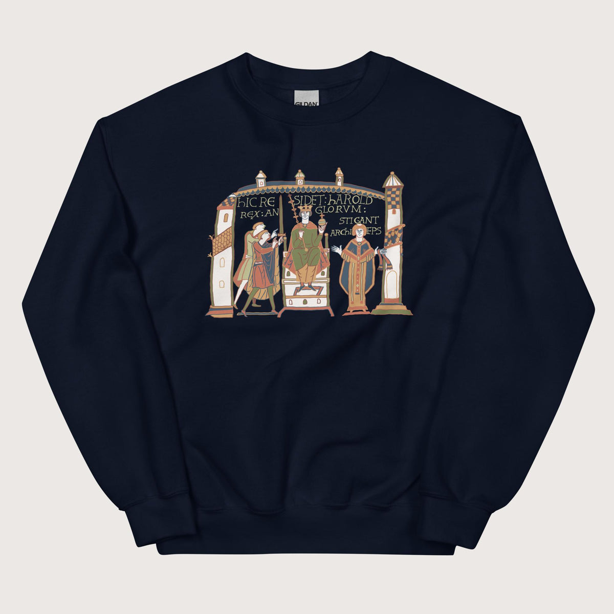 Navy Here Sits Throned Harold King of the English Bayeux Tapestry Sweatshirt - history buff gift by HistoHead