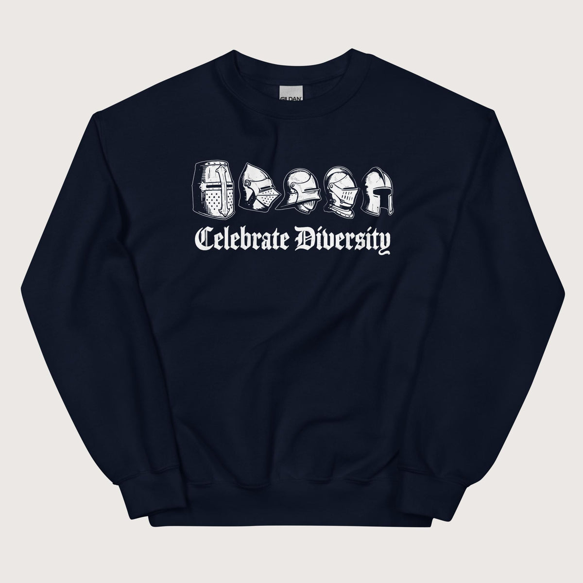 Navy Celebrate Diversity Medieval Helmets Edition Sweatshirt - history buff gift by HistoHead
