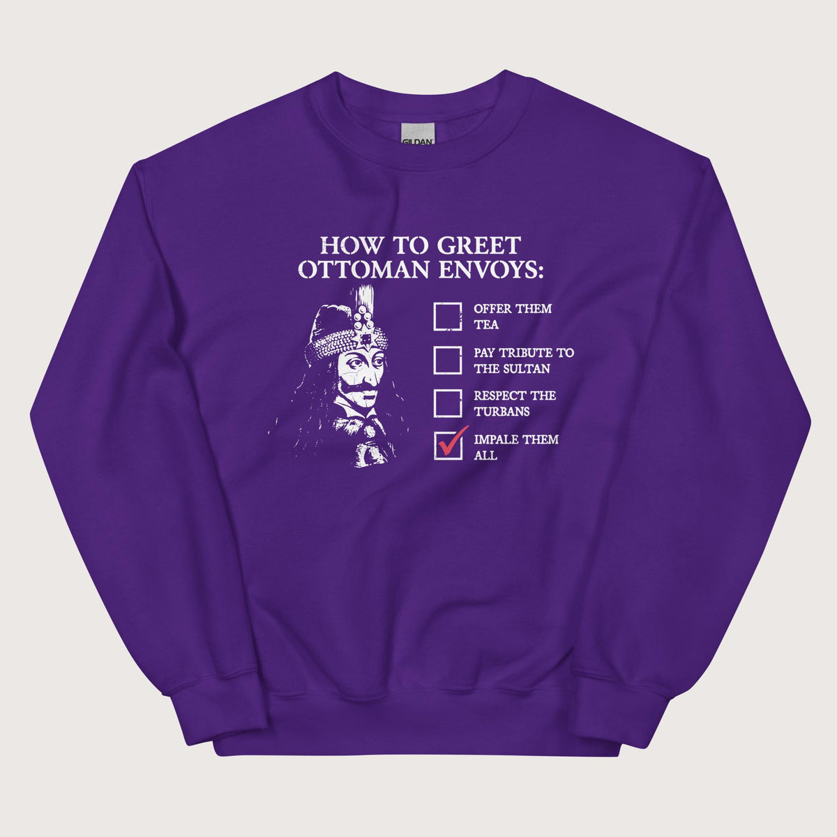 Purple Vlad the Impaler How to Greet Guide Sweatshirt - history buff gift by HistoHead