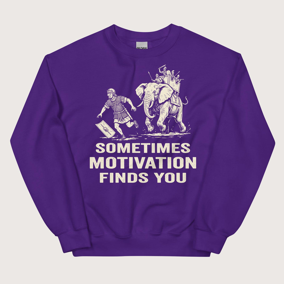 Purple Motivation Finds You War Elephant Edition Sweatshirt - history buff gift by HistoHead