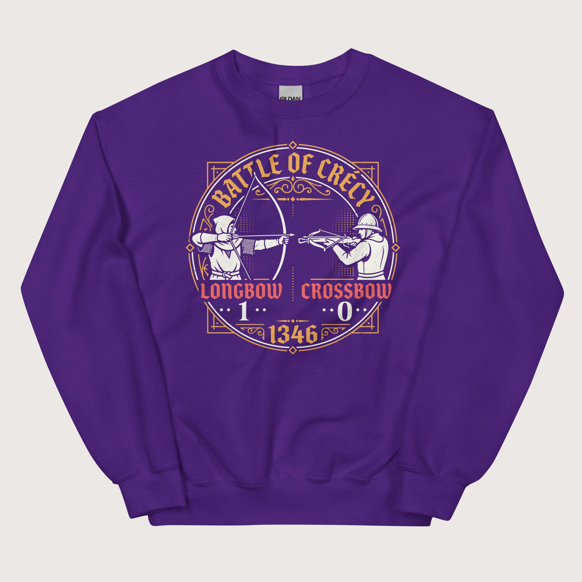 Purple Battle of Crécy Longbow vs Crossbow Sweatshirt - history buff gift by HistoHead
