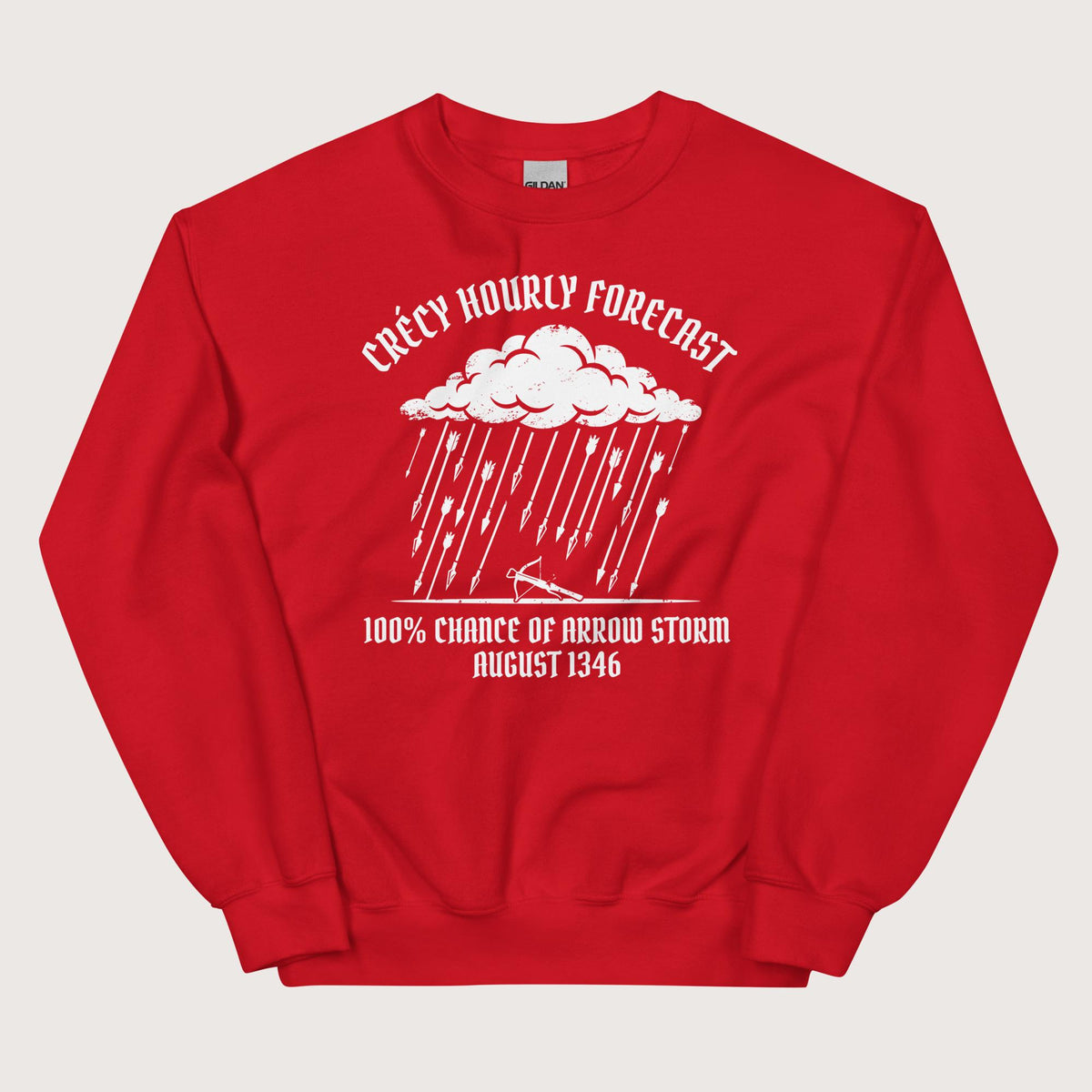 Red Crecy Arrow Storm Forecast Sweatshirt - history buff gift by HistoHead