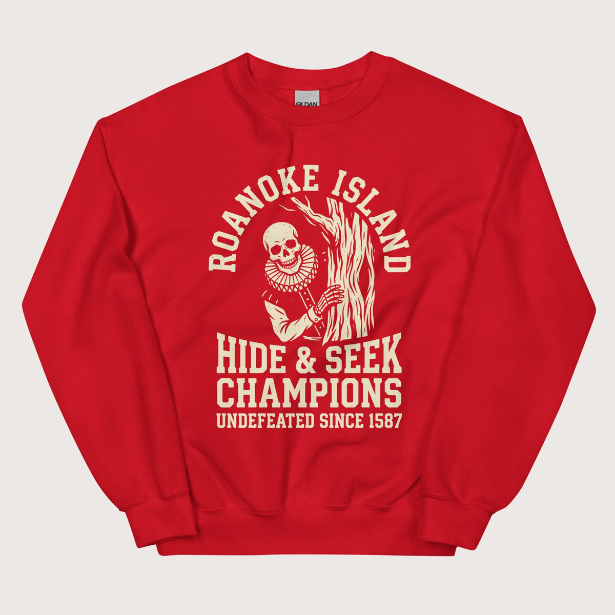 Red Roanoke Island Hide & Seek Sweatshirt - history buff gift by HistoHead
