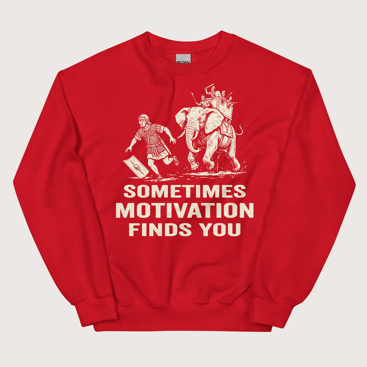 Red Motivation Finds You War Elephant Edition Sweatshirt - history buff gift by HistoHead