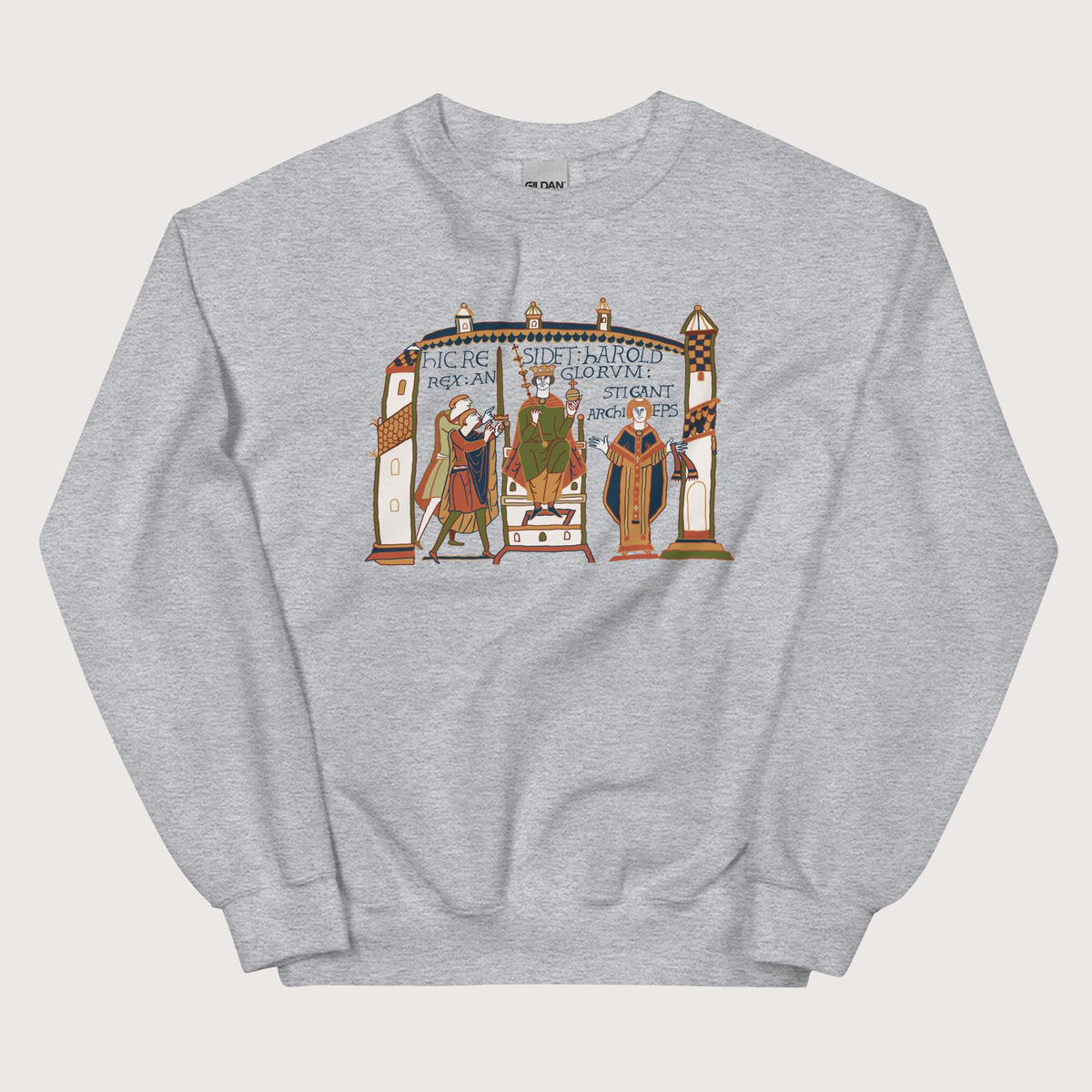 Sport Grey Here Sits Throned Harold King of the English Bayeux Tapestry Sweatshirt - history buff gift by HistoHead