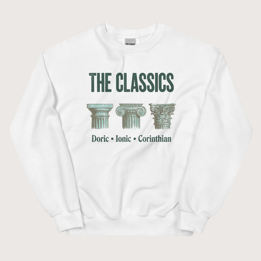 White The Classics Doric Ionic Corinthian Sweatshirt - history buff gift by HistoHead