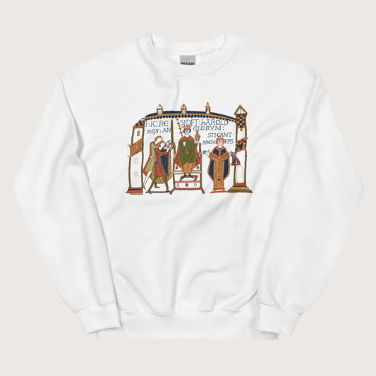 White Here Sits Throned Harold King of the English Bayeux Tapestry Sweatshirt - history buff gift by HistoHead