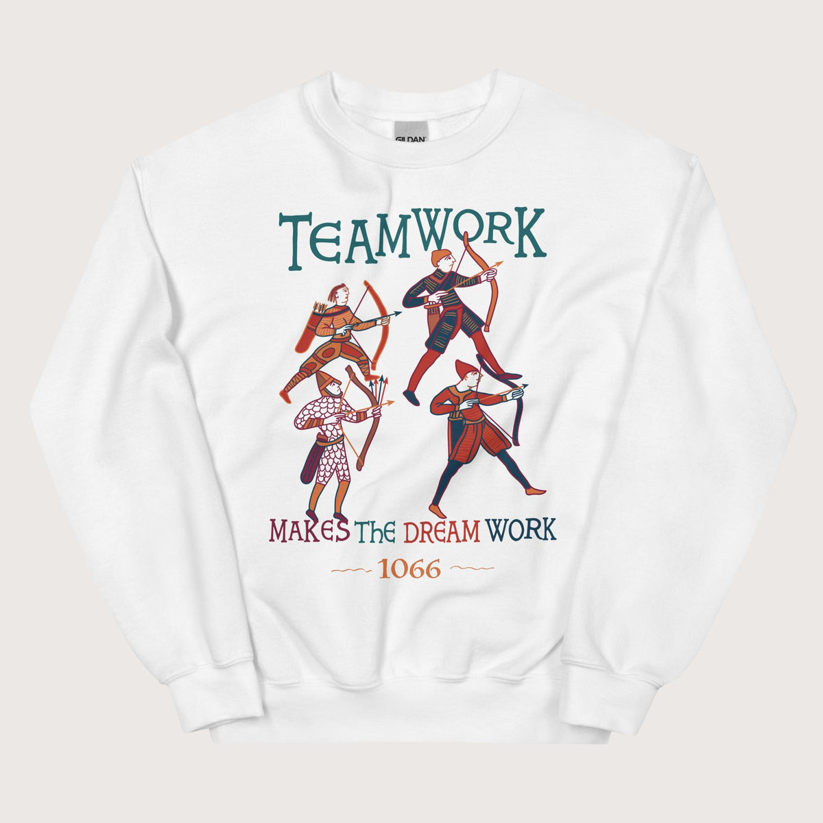 White Bayeux Tapestry Teamwork Makes the Dream Work Sweatshirt - history buff gift by HistoHead