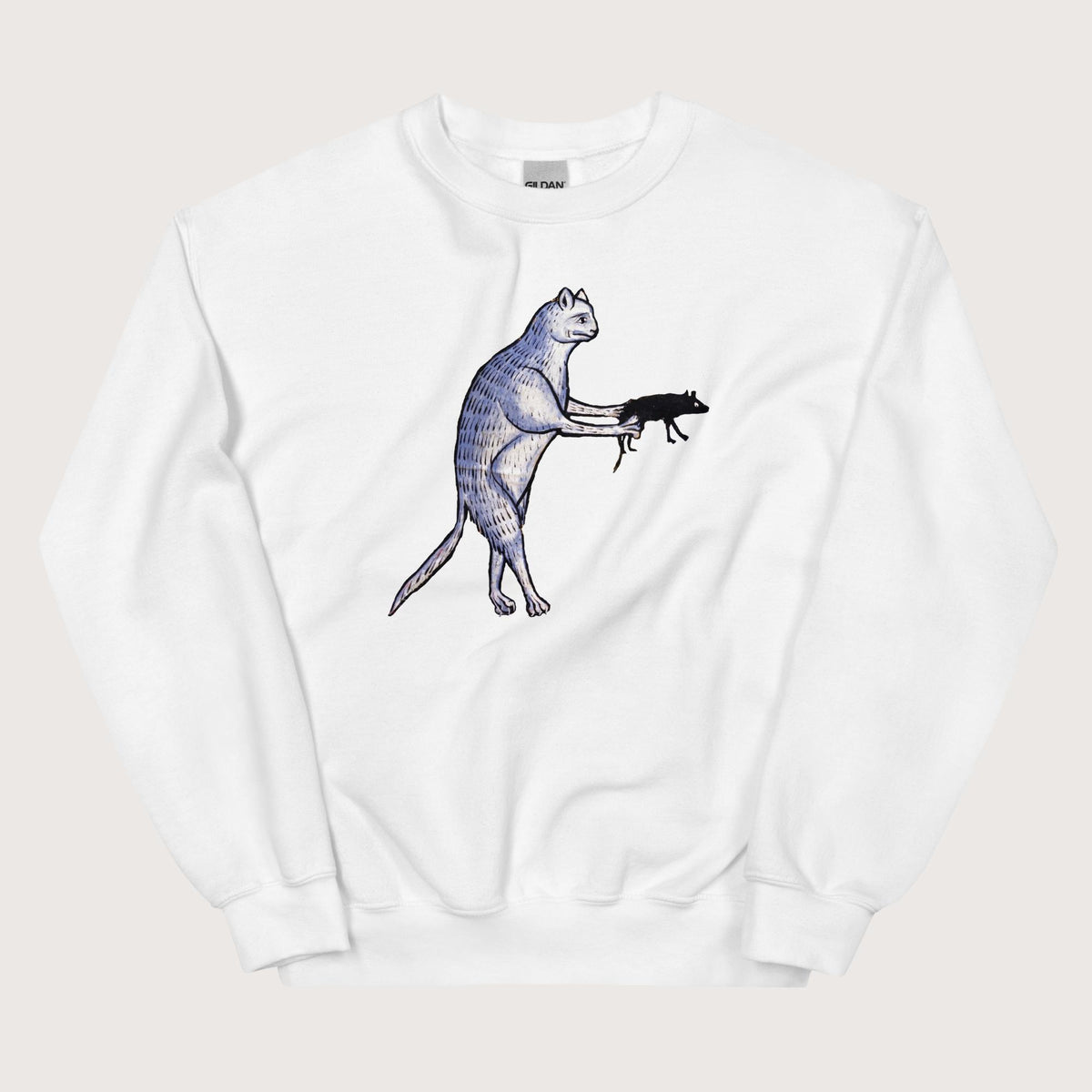 White Weird Medieval Cat's Mouse-Gun Sweatshirt - history buff gift by HistoHead