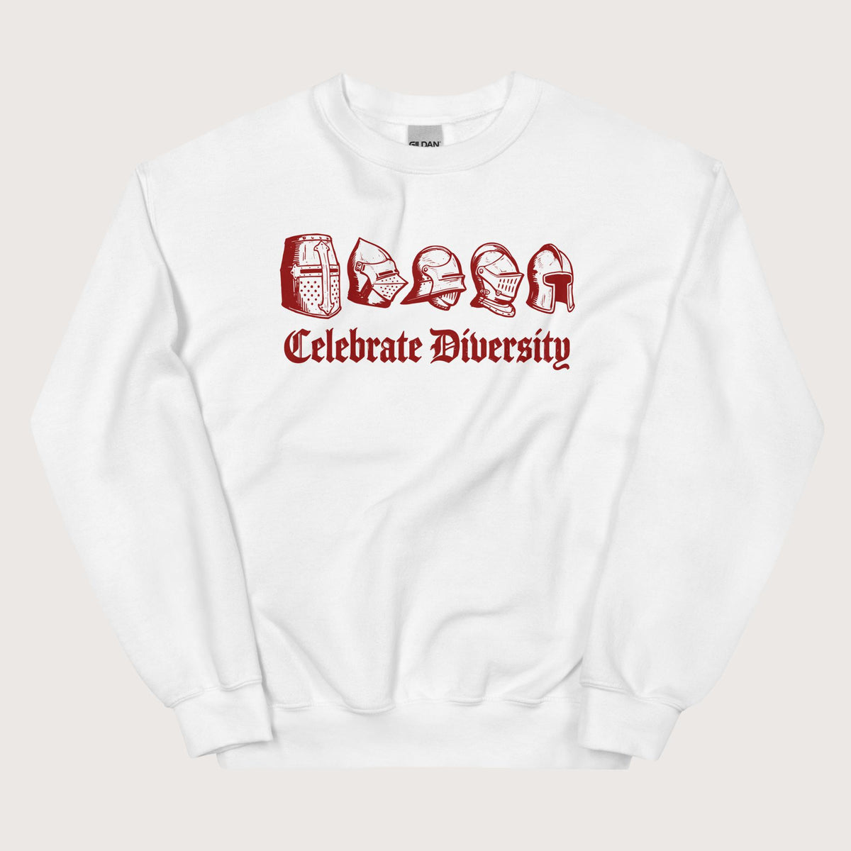 White Celebrate Diversity Medieval Helmets Edition Sweatshirt - history buff gift by HistoHead