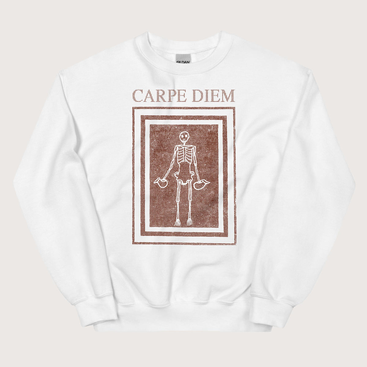 White Carpe Diem Skeleton Sweatshirt - history buff gift by HistoHead