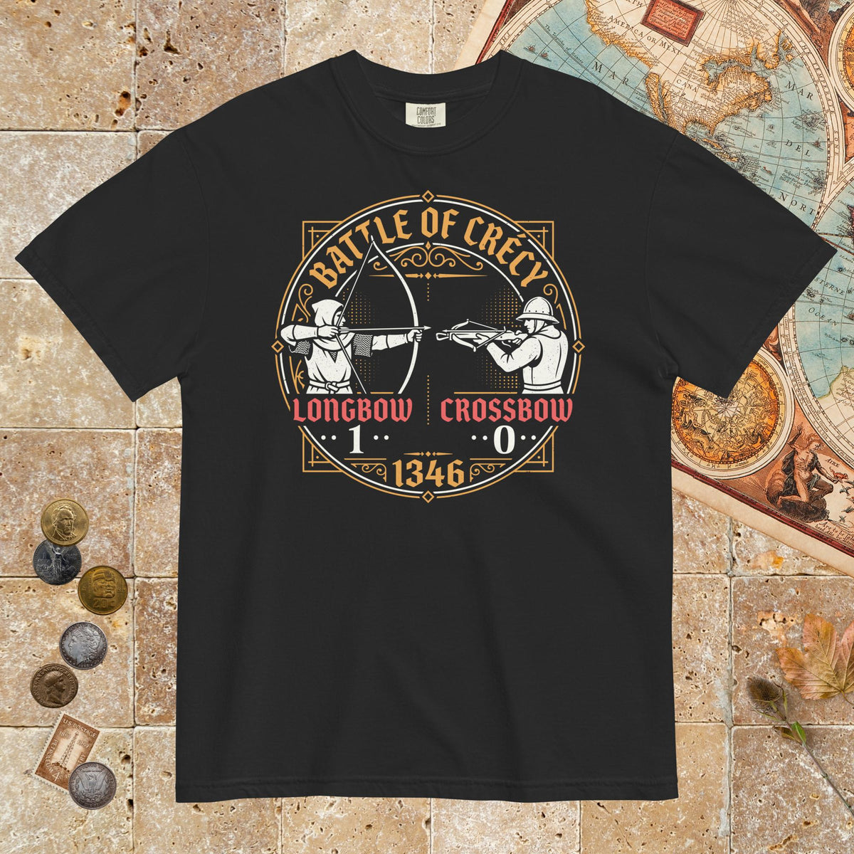 Black Battle of Crécy Longbow vs Crossbow - Premium Tee - history buff gift by HistoHead