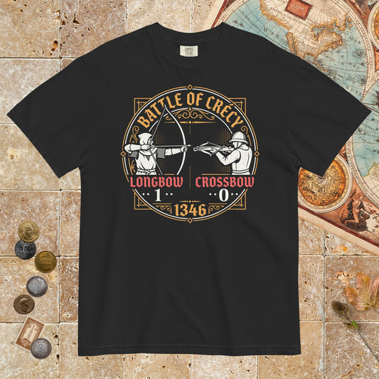 Black Battle of Crécy Longbow vs Crossbow - Premium Tee - history buff gift by HistoHead