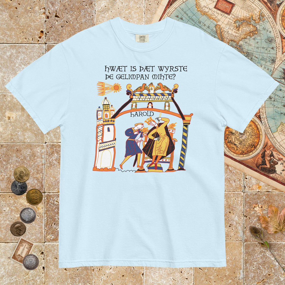 Chambray Bayeux Tapestry What's the Worst That Could Happen in Old English - Premium Tee - history buff gift by HistoHead