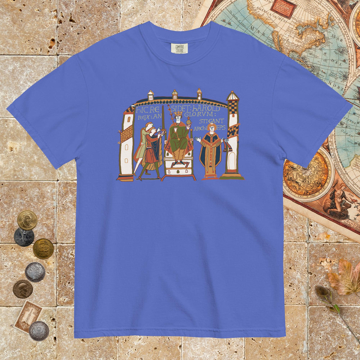 Flo Blue Here Sits Throned Harold King of the English Bayeux Tapestry - Premium Tee - history buff gift by HistoHead