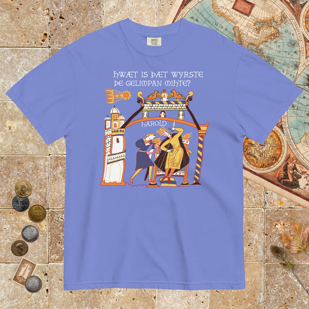 Flo Blue Bayeux Tapestry What's the Worst That Could Happen in Old English - Premium Tee - history buff gift by HistoHead