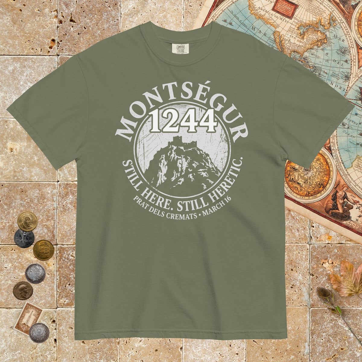 Moss Montségur 1244 Still Here Still Heretic - Premium Tee - history buff gift by HistoHead