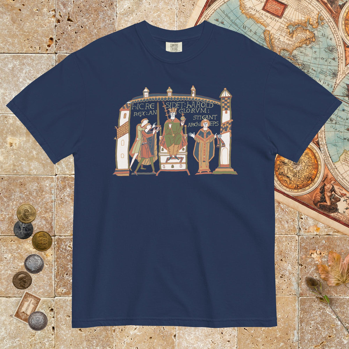 True Navy Here Sits Throned Harold King of the English Bayeux Tapestry - Premium Tee - history buff gift by HistoHead
