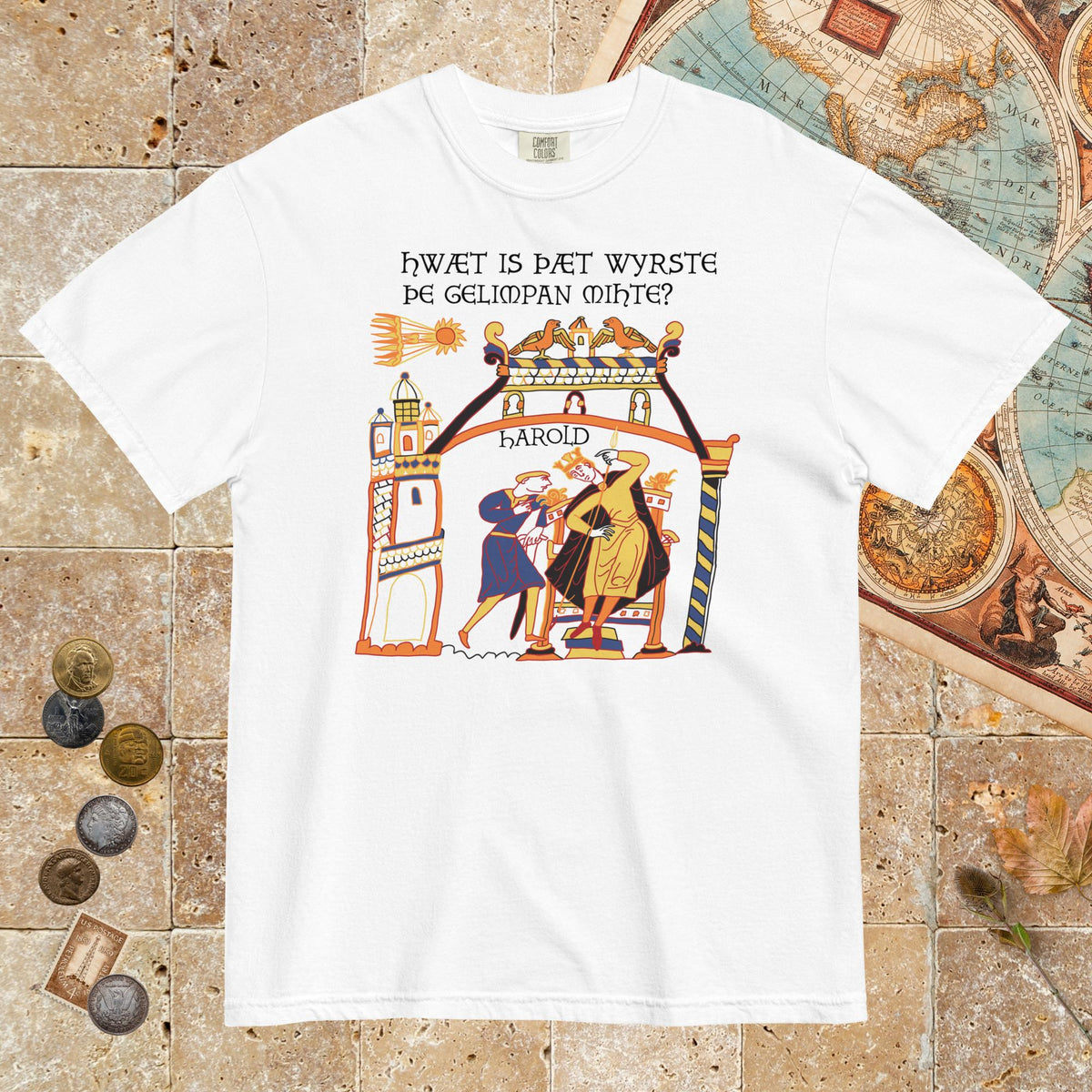 White Bayeux Tapestry What's the Worst That Could Happen in Old English - Premium Tee - history buff gift by HistoHead