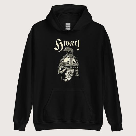 Black Hwæt Boar-Crested Helmet Hoodie - history buff gift by HistoHead