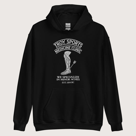 Black Troy Sports Medicine Clinic Hoodie - history buff gift by HistoHead