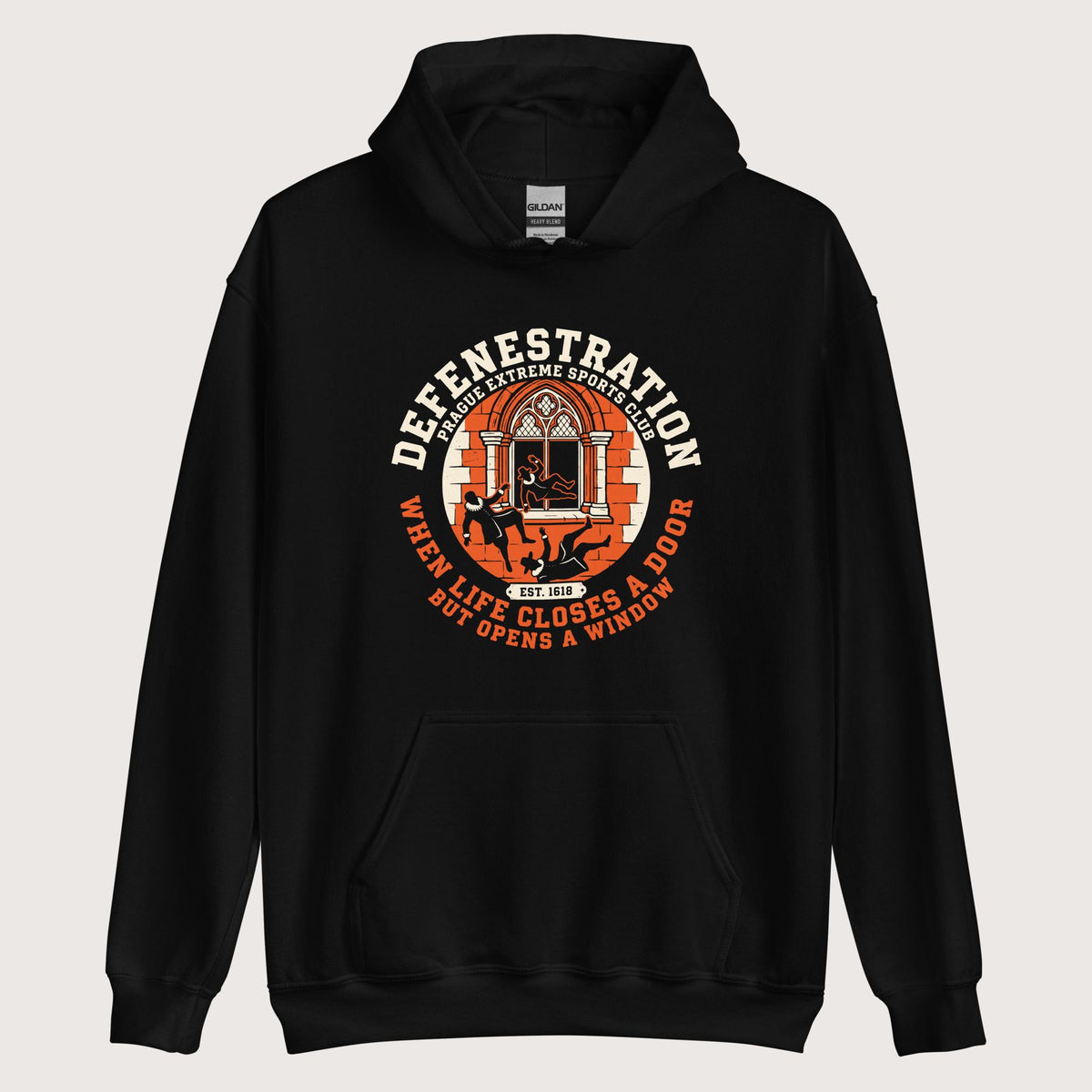 Black Defenestration Prague Extreme Sports Club Hoodie - history buff gift by HistoHead