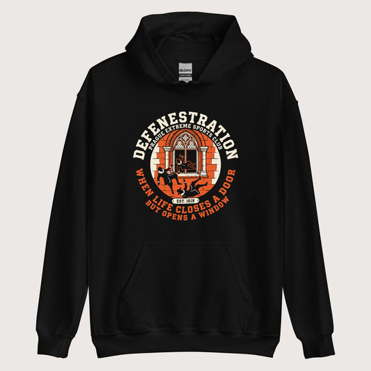 Black Defenestration Prague Extreme Sports Club Hoodie - history buff gift by HistoHead