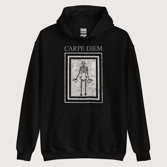 Black Carpe Diem Skeleton Hoodie - history buff gift by HistoHead