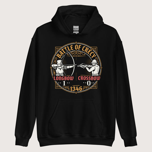 Black Battle of Crécy Longbow vs Crossbow Hoodie - history buff gift by HistoHead