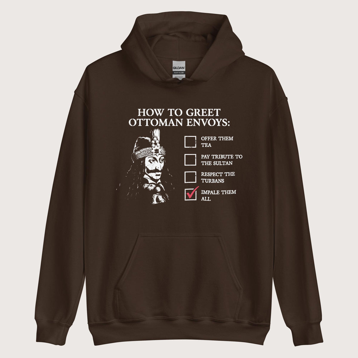 Dark Chocolate Vlad the Impaler How to Greet Guide Hoodie - history buff gift by HistoHead