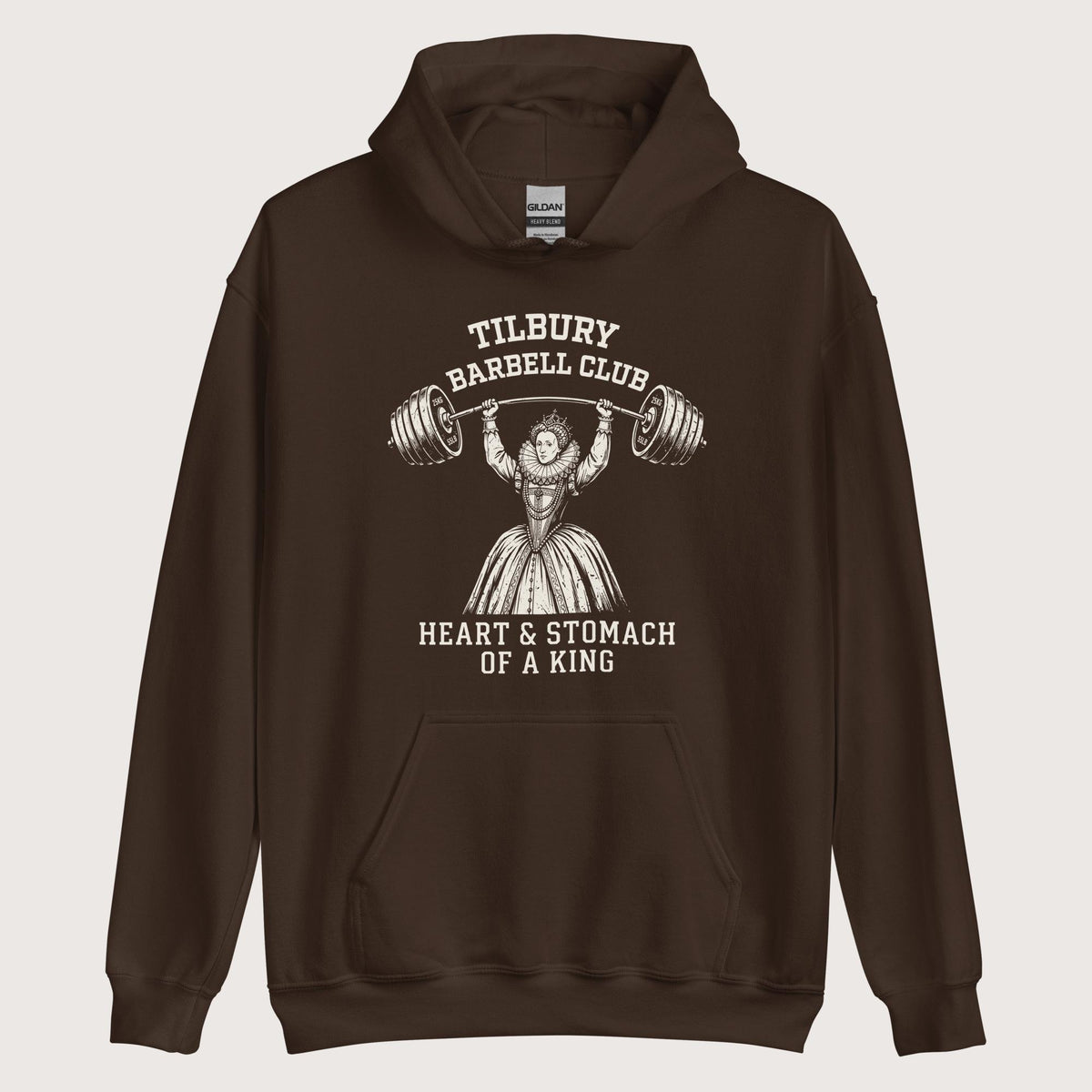 Dark Chocolate Elizabeth I Tilbury Barbell Club Hoodie - history buff gift by HistoHead