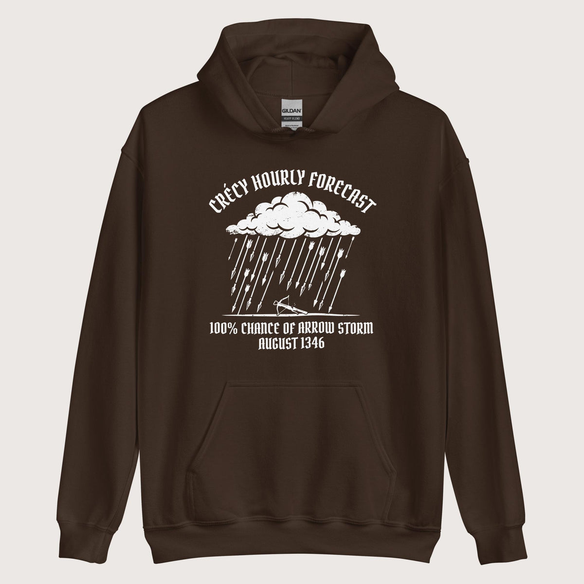 Dark Chocolate Crecy Arrow Storm Forecast Hoodie - history buff gift by HistoHead