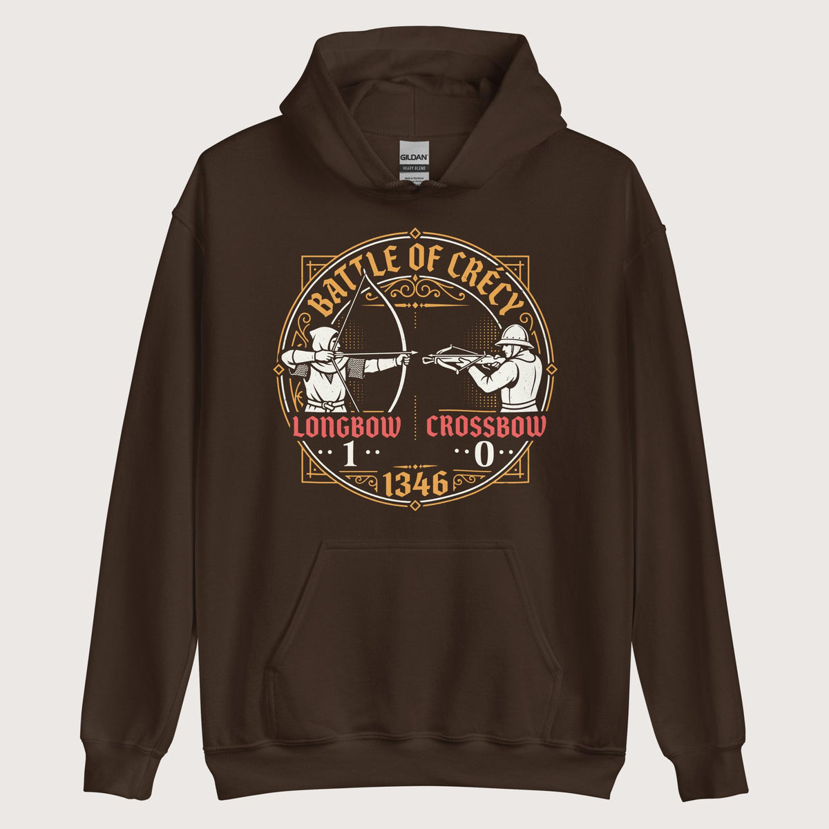 Dark Chocolate Battle of Crécy Longbow vs Crossbow Hoodie - history buff gift by HistoHead
