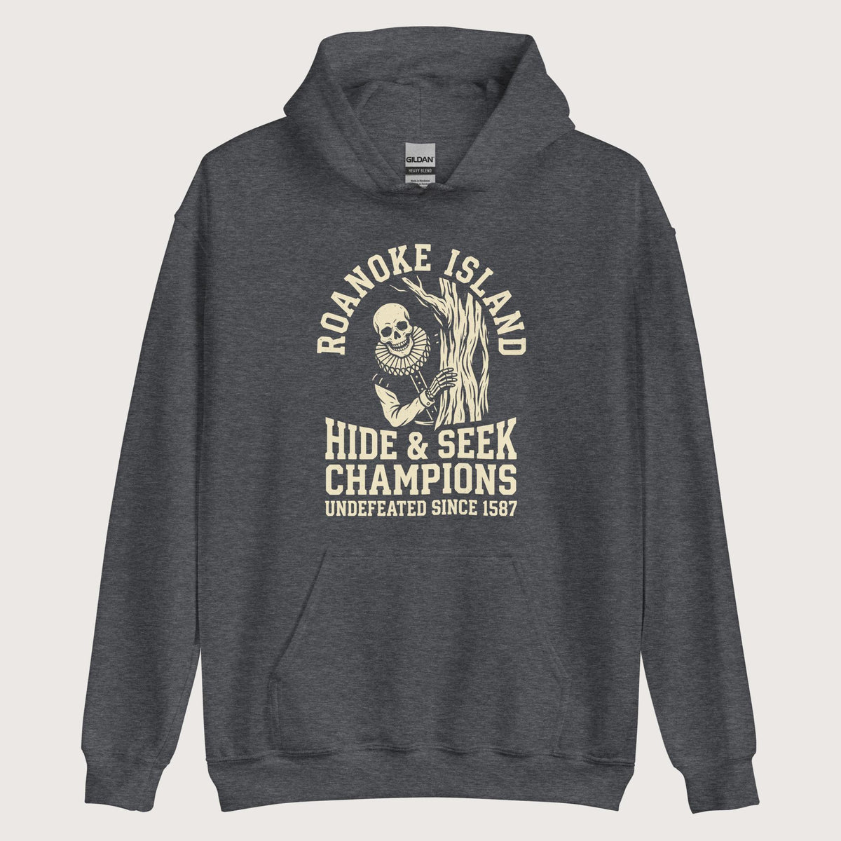 Dark Heather Roanoke Island Hide & Seek Hoodie - history buff gift by HistoHead