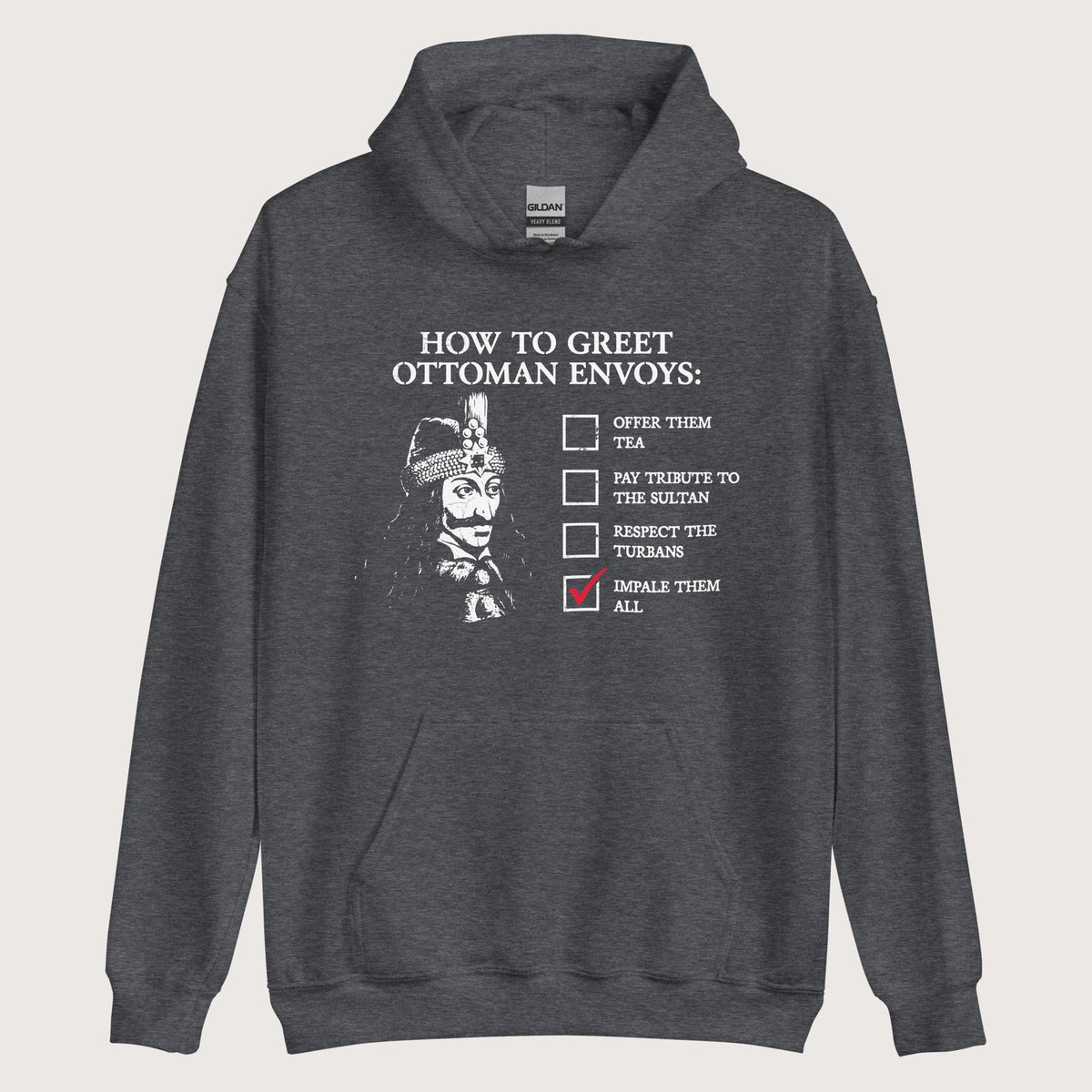 Dark Heather Vlad the Impaler How to Greet Guide Hoodie - history buff gift by HistoHead