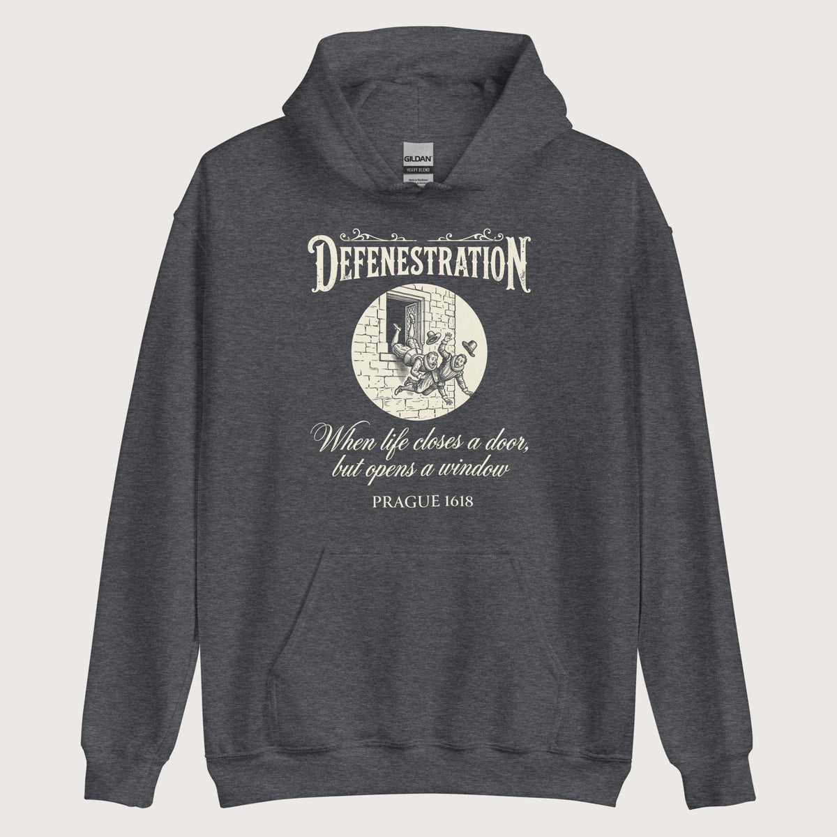 Dark Heather Defenestration When Life Closes A Door But Opens A Window Hoodie - history buff gift by HistoHead